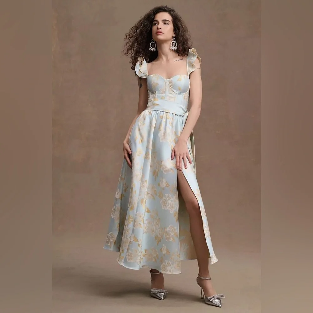 V. Chapman Sky Blue and Gold Floral Midi Dress - Picture 14 of 15